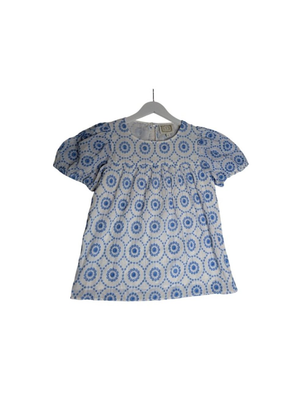 SAIL TO SABLE Blue & White Embroidered Eyelet Puff Short Sleeve Babydoll Top - S - Picture 4 of 15